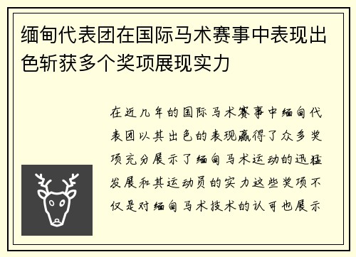 缅甸代表团在国际马术赛事中表现出色斩获多个奖项展现实力