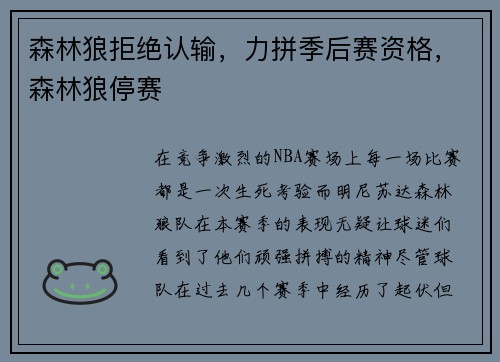 森林狼拒绝认输，力拼季后赛资格，森林狼停赛