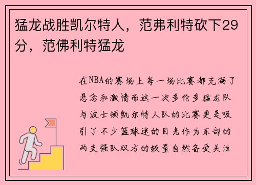 猛龙战胜凯尔特人，范弗利特砍下29分，范佛利特猛龙