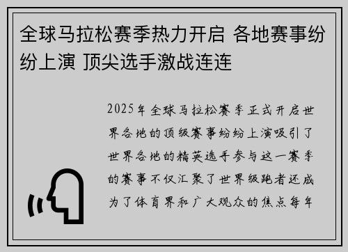 全球马拉松赛季热力开启 各地赛事纷纷上演 顶尖选手激战连连