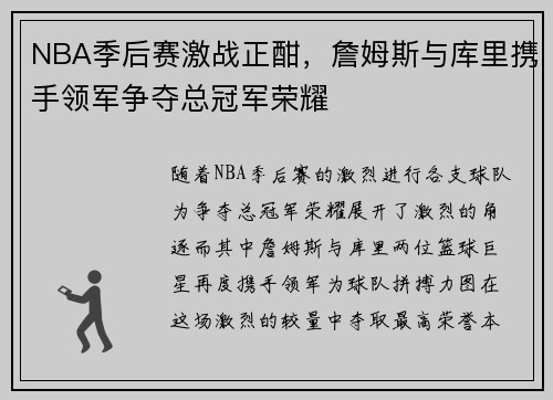 NBA季后赛激战正酣，詹姆斯与库里携手领军争夺总冠军荣耀