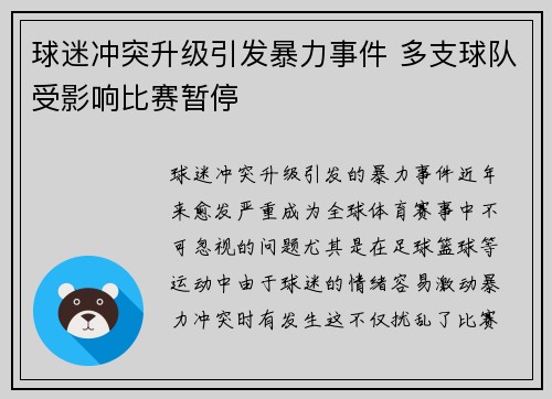 球迷冲突升级引发暴力事件 多支球队受影响比赛暂停