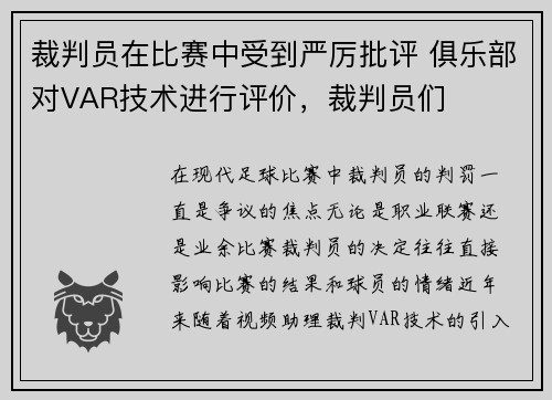 裁判员在比赛中受到严厉批评 俱乐部对VAR技术进行评价，裁判员们